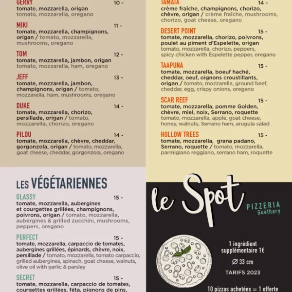 Le verso du flyer de la pizzéria Le Spot à Guéthary